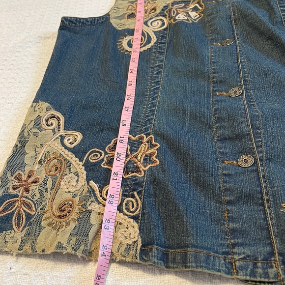 Chico's Embroidered Denim Jacket in Blue with Cream and Tan Accents - Picture 2 of 6